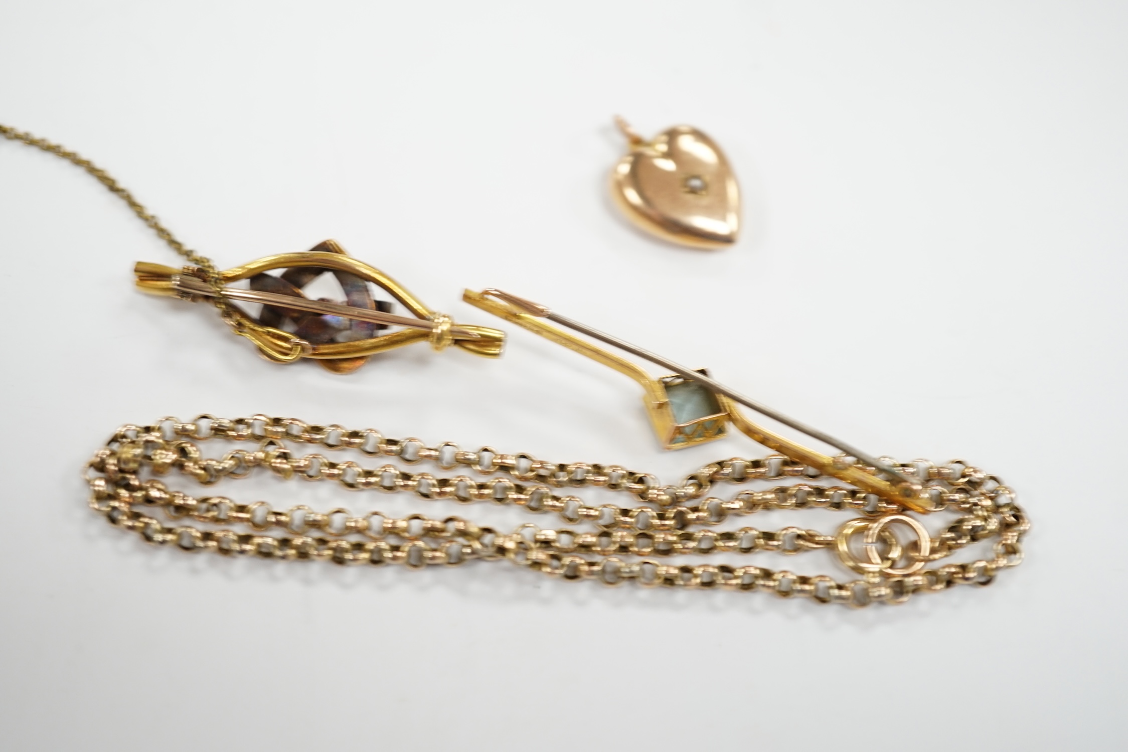 A 9ct chain, 42cm, a 15ct and diamond set heart shaped bar brooch, a 9ct and gem set bar brooch and a 9ct and seed pearl set heart shaped pendant.